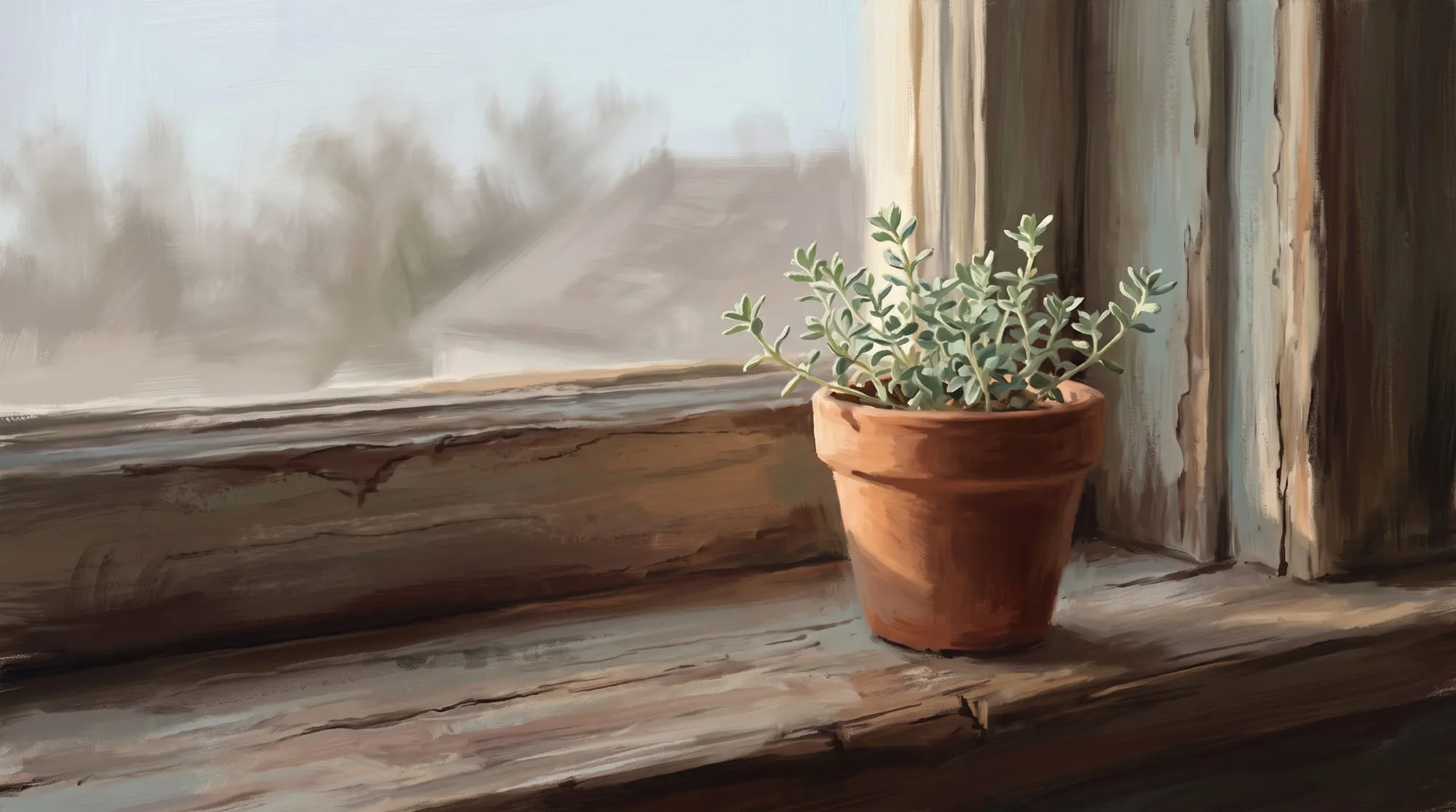 A painting of a small sage-green herb in a terracotta pot on a weathered wooden windowsill, with a pale, misty view through the glass.