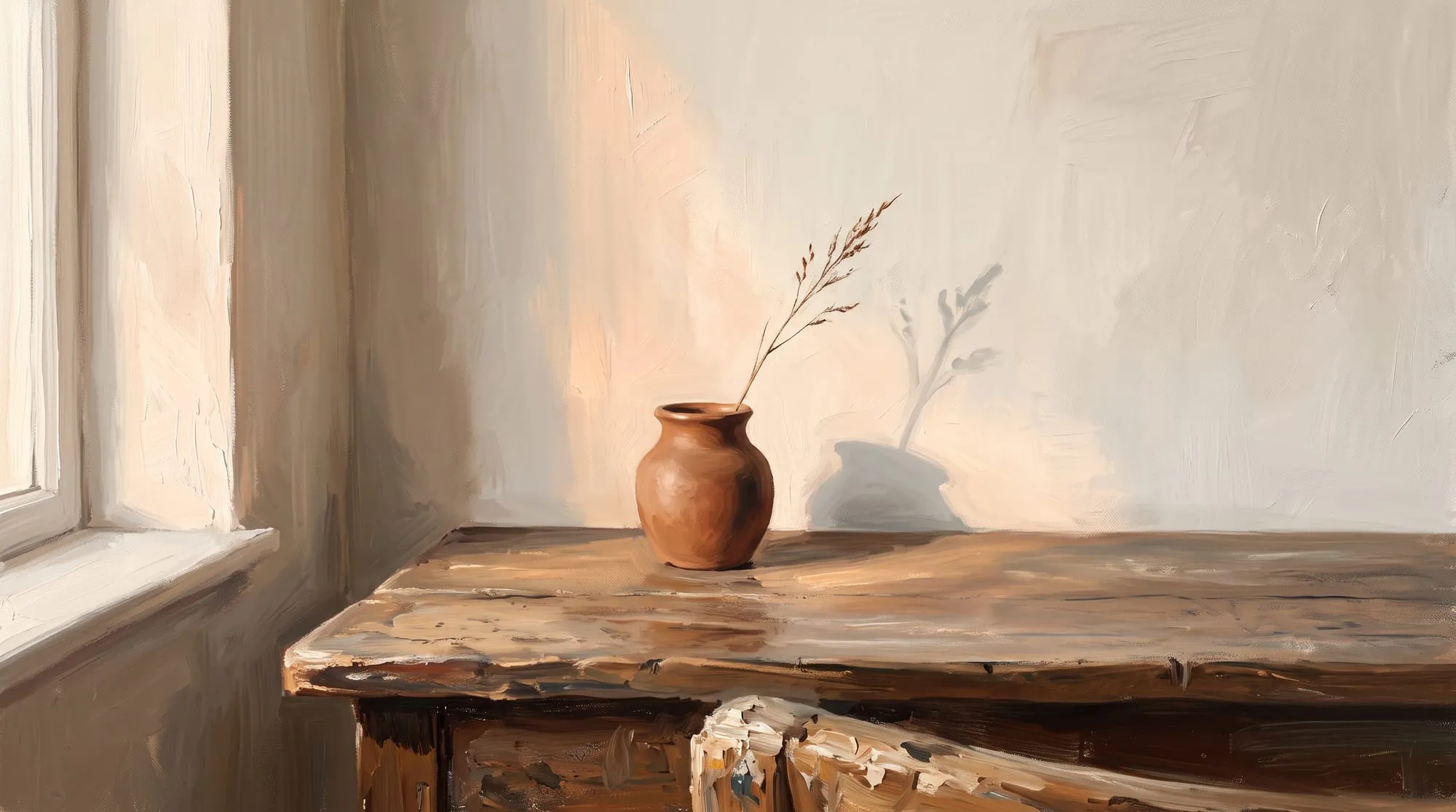 A painting of a small terracotta vase holding a single dried grass stem, on a worn wooden table in a quiet corner, with soft window light on the wall behind it.