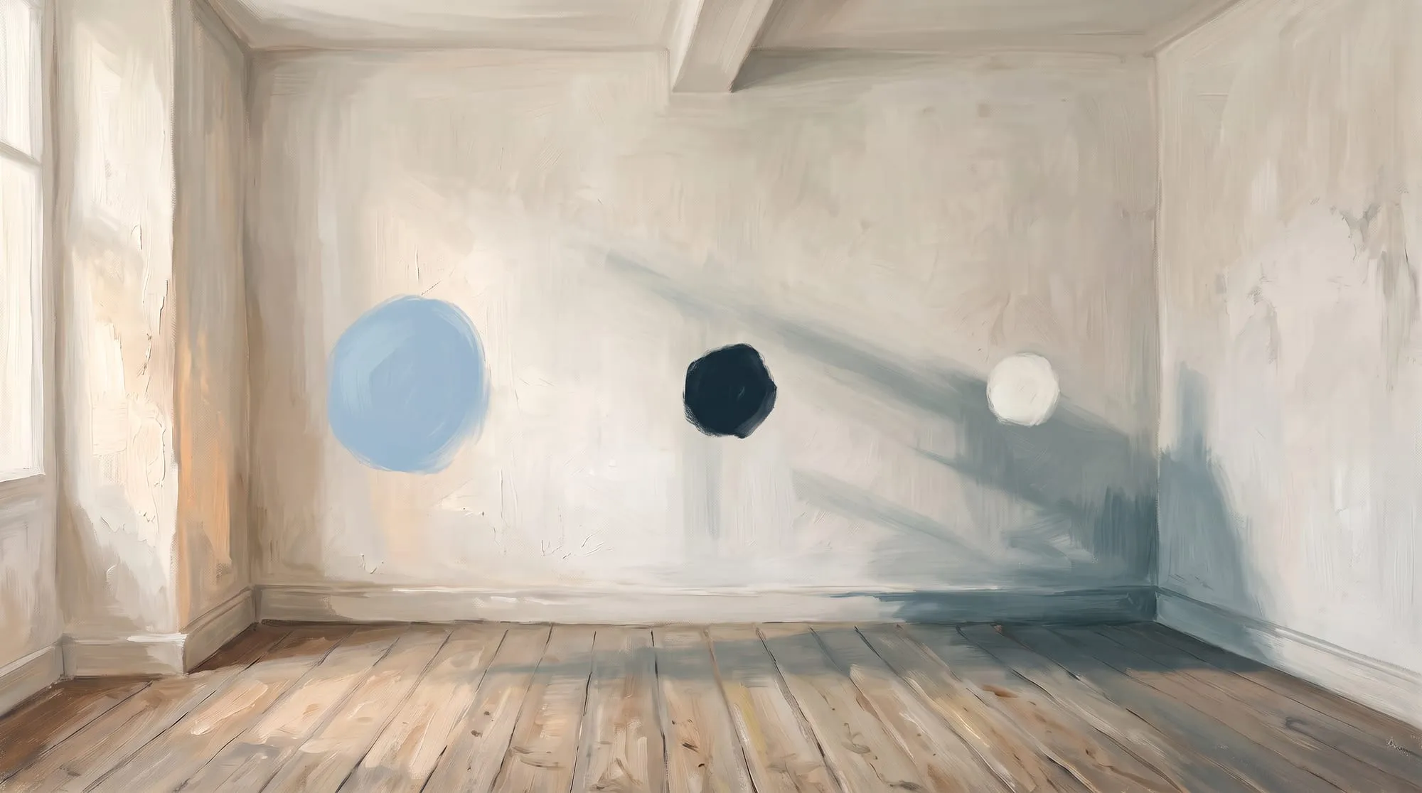 Three circles in a row across the pale plaster wall of a quiet room: one soft blue, one deep ink, one cream.