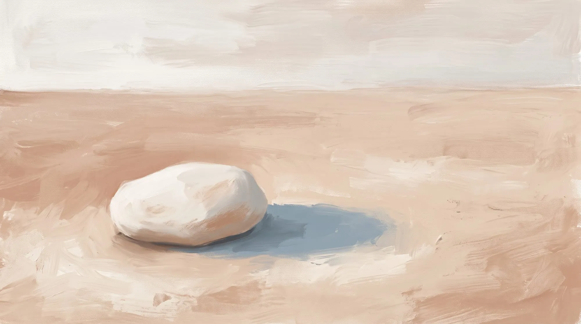 A single pale stone resting on warm sand in soft light, with a still pool of soft-blue shadow settling beside it.