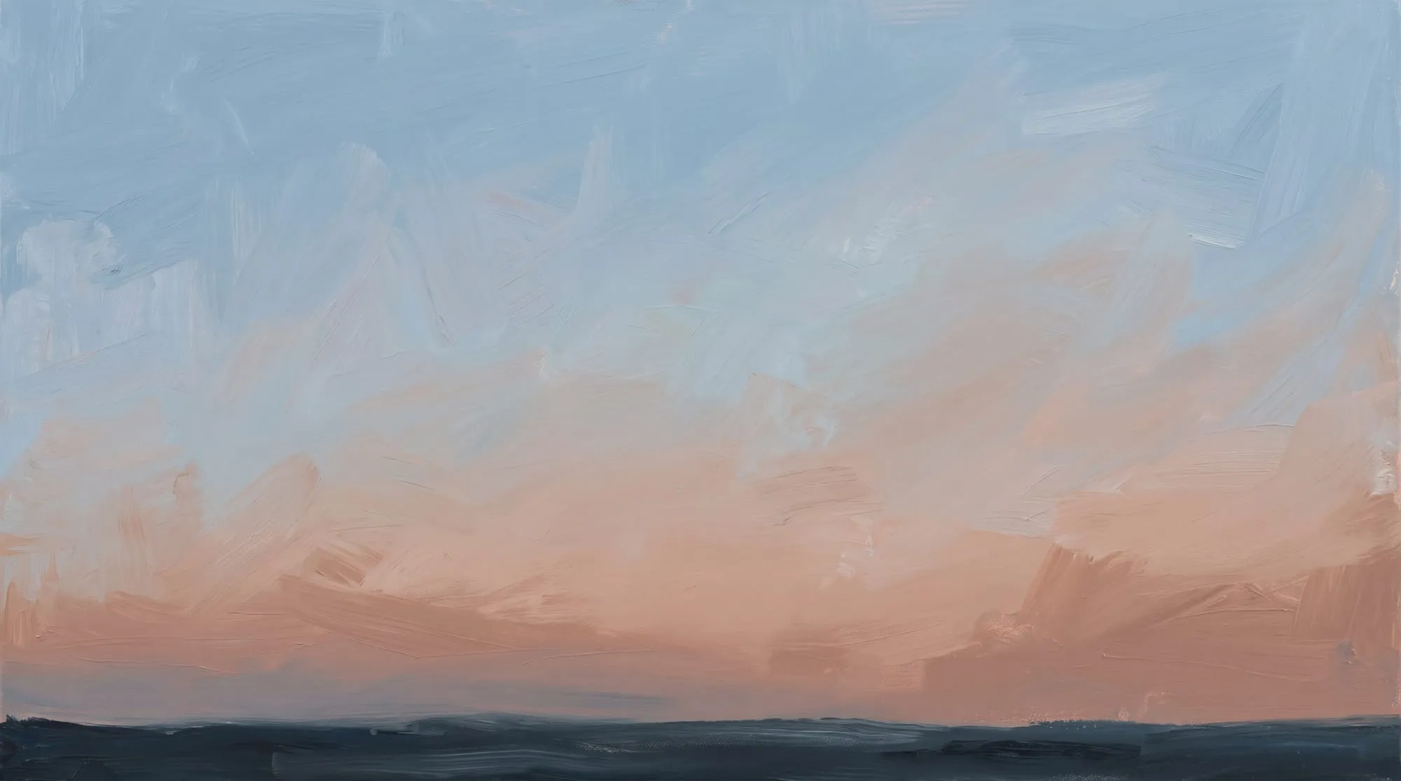 A wide dusk sky in soft blue fading to warm blush above a low, dark horizon.
