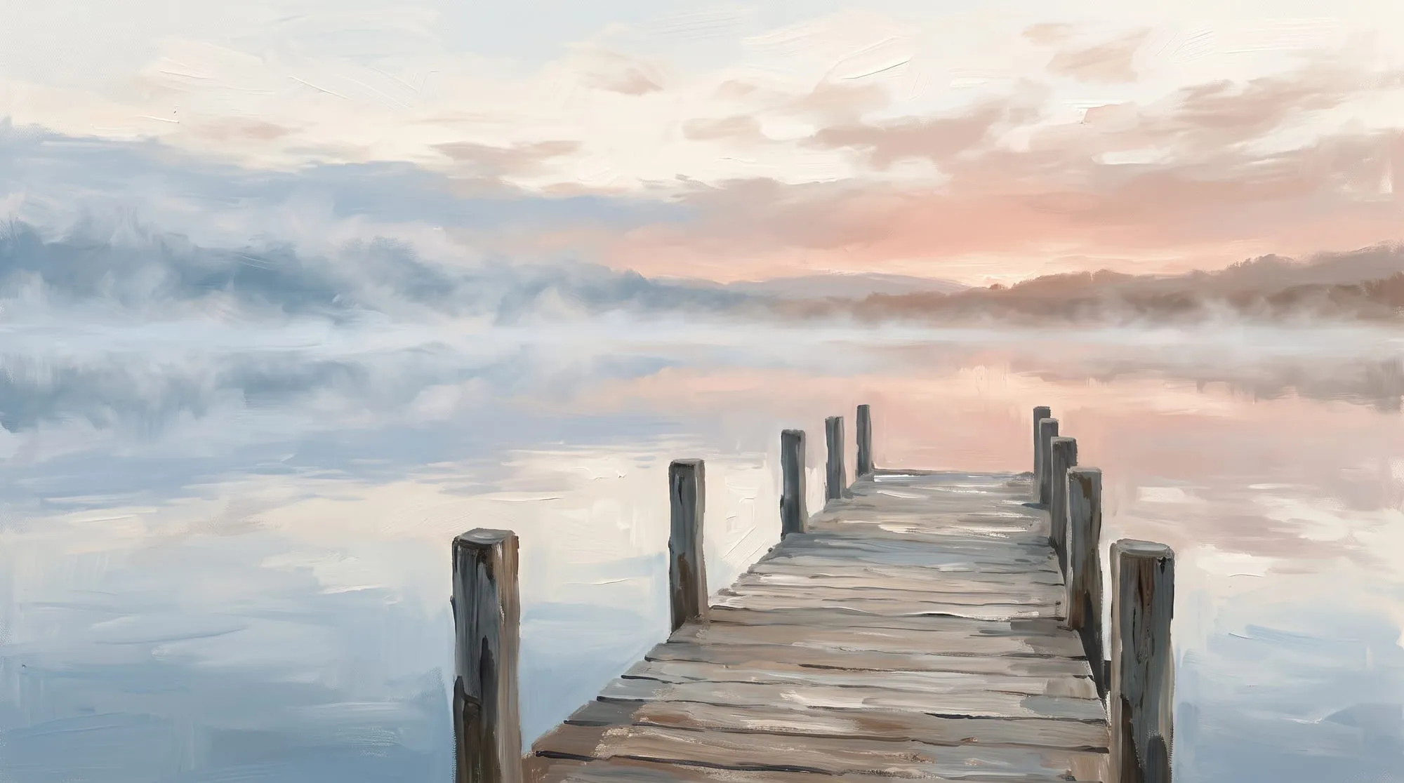 Mist lifting from the surface of still water at dawn, a weathered wooden jetty in the foreground, and a blush-pink sky breaking along the far horizon.