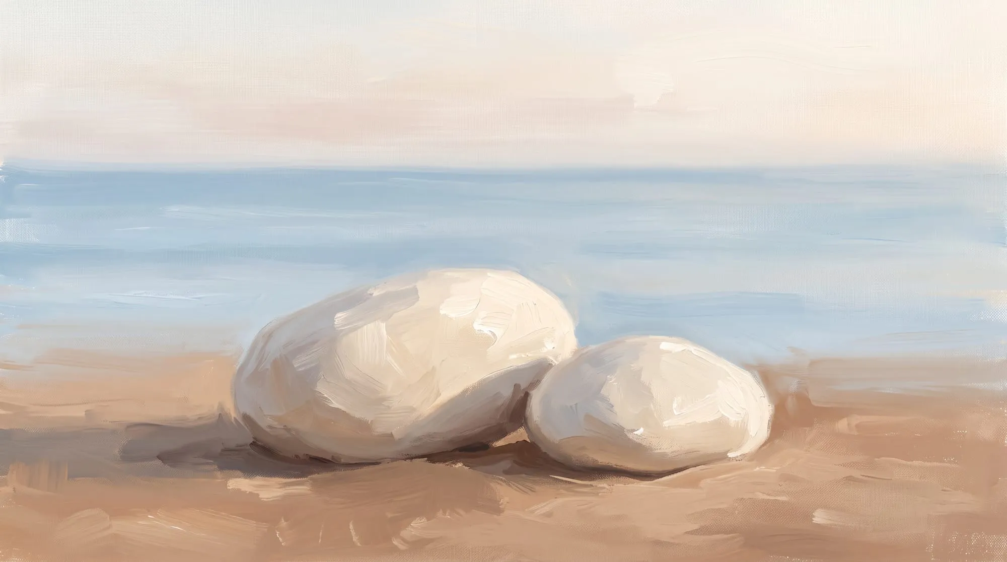 Two smooth pale stones resting close together on warm sand, one large and one small, with a calm blue sea and soft sky behind them.
